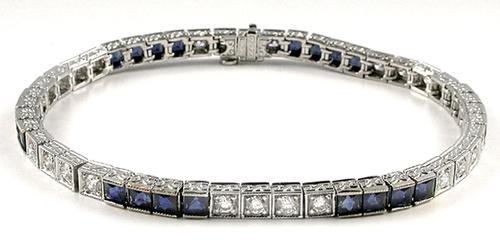 Antique Style  7.00ct Square Cut Sapphire 2.10ct Round Cut Diamond Platinum  Bracelet