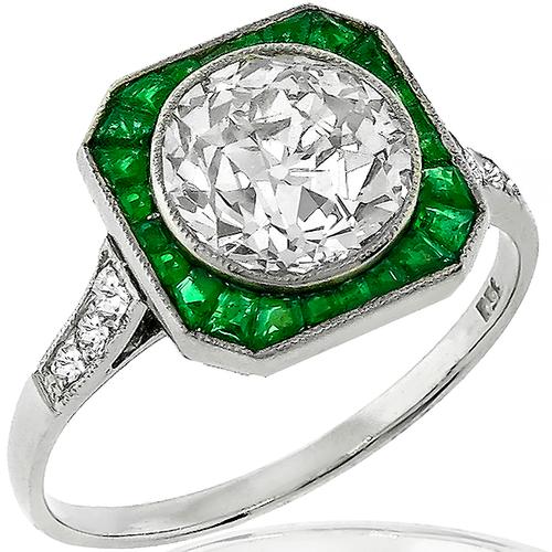 Art Deco Inspired 2.28ct Diamond  Emerald Gold Ring 
