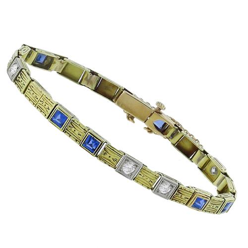  0.30ct Round Cut Diamond  1.20ct Square Cut Sapphire   14k Yellow Gold Bracelet By Arts & Crafts