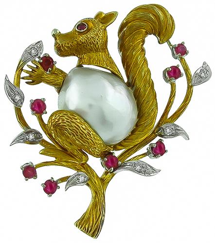 Round Cut Ruby and Diamond Baroque Pearl 18k Yellow and White Gold Squirrel Pin