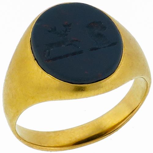 Estate  Carved Blood Stone  18k Yellow Gold Signet Ring