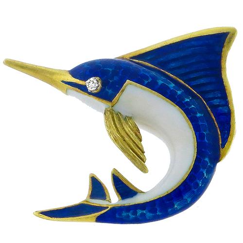 Estate 18k Yellow Gold Enamel Sail Fish Pin