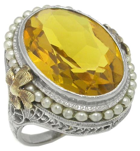 15.00ct Citrine Seed Pearl 10k White and Yellow Gold Ring