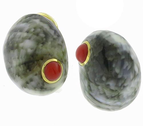 Cabochon Coral Shell 18k Yellow Gold Earrings By Trianon