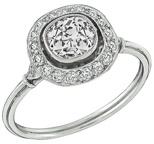 Art Deco Style Old Mine Cut Diamond Platinum Engagement Ring