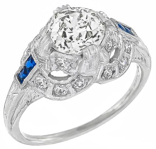 Old European Cut Diamond Sapphire Platinum Engagement Ring