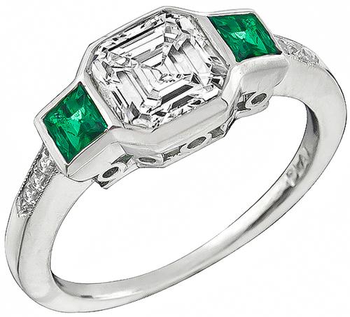 Asscher Cut Diamond Emerald Platinum Engagement Ring