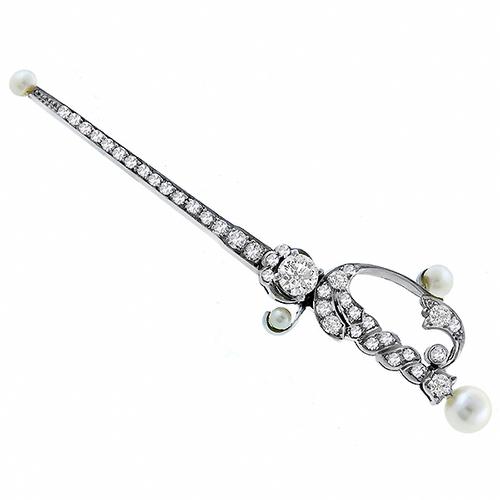 Antique 0.45ct Old Mine Center & 1.10ct Smaller Old Mine Cut  Diamond  Pearl 18k White Gold Sword Pin
