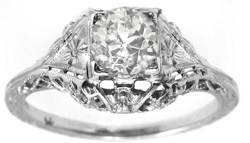 Antique Edwardian  0.78ct Old Mine Diamond  18k White Gold Engagement Ring