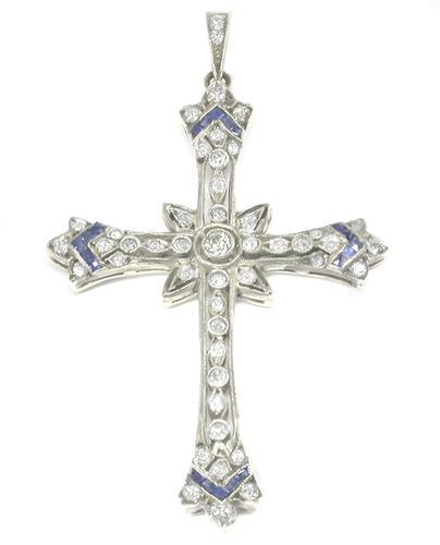 Antique Holy Cross Sapphire Synt Diamond Pendant Locket Yellow Gold Finsh Silver 