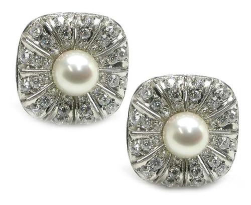 Vintage Pearl Old Mine Cut Diamond Platinum Earrings