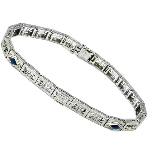 Antique  Diamond Sapphire 14k White Gold Bracelet