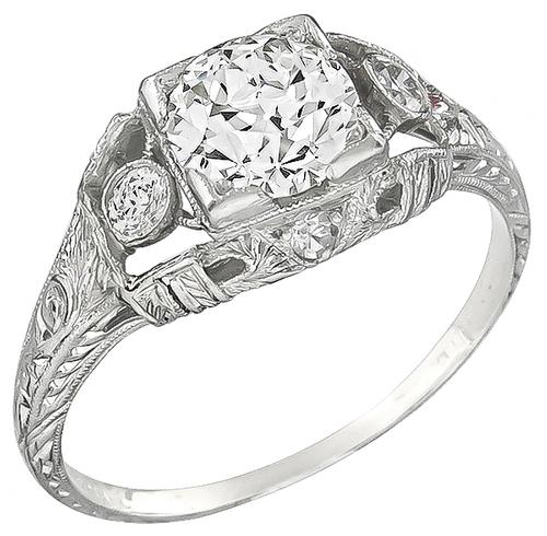 Antique 1.00ct Old European Cut Diamond 0.20ct Old Mine Diamond  Platinum Engagement Ring