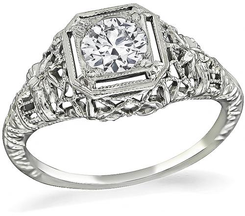 Vintage Old Mine Cut Diamond 18k White Gold Engagement Ring