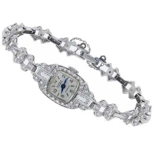 Antique   17 Jewels Incabloc  Eloga  2.14ct European and Baguette Cut Diamond Watch 