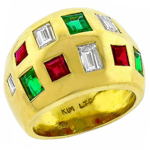Estate 1.60ct Emerald Cut Emerald, 1.50ct Square Cut Ruby & 0.60ct Emerald Cut Diamond  18k Yellow Gold Ring 