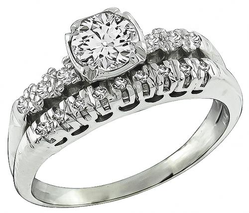 Old Mine Cut Diamond 14k White Gold Engagement Ring and Wedding Band Set