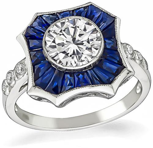 Round Cut Diamond Sapphire 18k Gold Engagement Ring