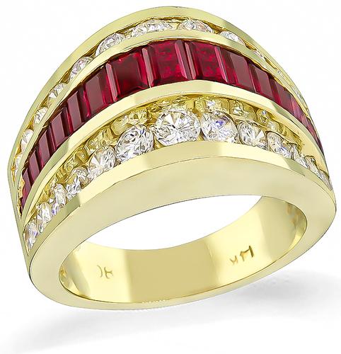 Round Cut Diamond Baguette Cut Ruby 14k Yellow Gold Ring