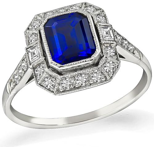 Art Deco Style Emerald Cut Sapphire Diamond Platinum Engagement Ring
