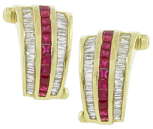 Baguette Cut Diamond Square Cut Ruby 14k Yellow Gold Earrings