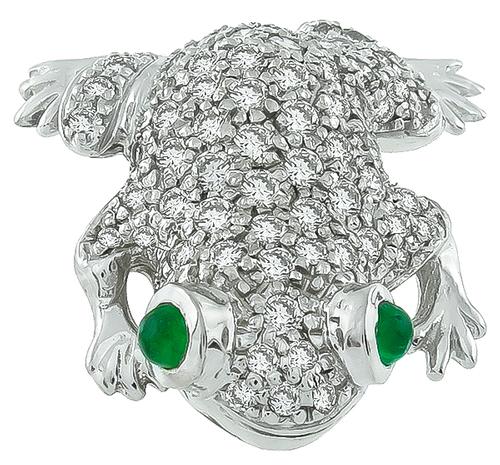 Estate 1.50ct Round Cut Diamond Cabochon Emerald 18k White Gold Frog Pin