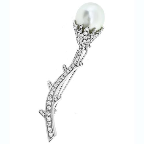 Diamond Pearl Pin 18k White Gold Pin    