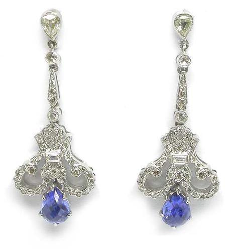 Art Deco Briolette Sapphire Round and Baguette Cut Diamond 18k White Gold Earrings
