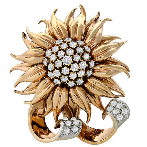 Mid Century Diamond Gold Sunflower Pin