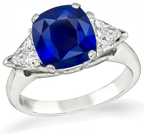 Cushion Cut Sapphire Trilliant Cut Diamond Platinum Engagement Ring