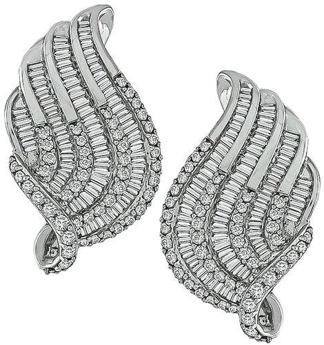 Round and Baguette Cut Diamond 18k White Gold Earrings