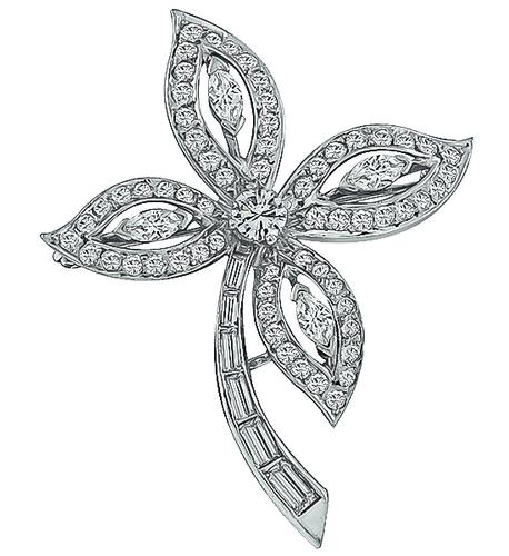 Round Marquise and Baguette Cut Diamond Platinum Flower Pin