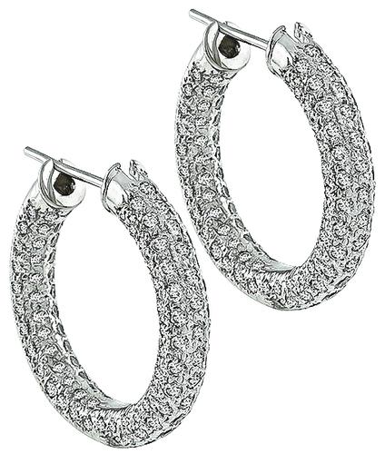 Round Cut Diamond 14k White Gold Hoops Earrings