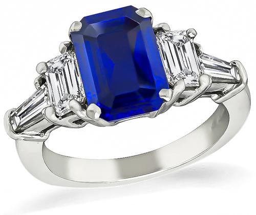 Emerald Cut Sapphire Emerald and Baguette Cut Diamond Platinum Engagement Ring