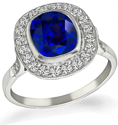 Art Deco Style Cushion Cut Ceylon Sapphire Round Cut Diamond Platinum Engagement Ring