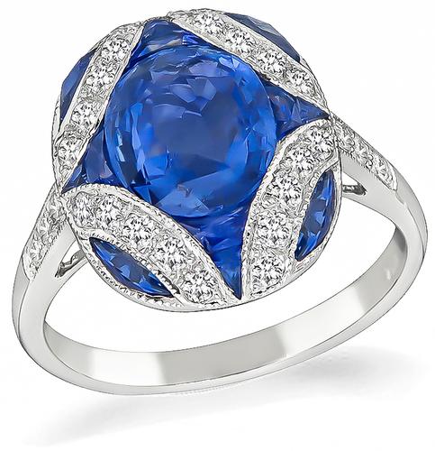 Cushion and Faceted Cut Sapphire Round Cut Diamond 18k Gold Ring