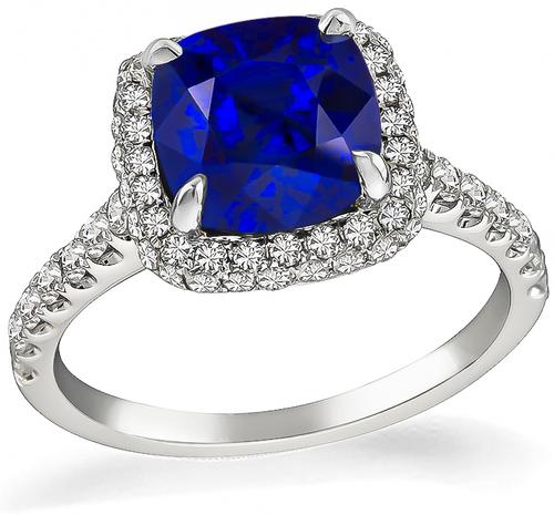 Cushion Cut Ceylon Sapphire Round Cut Diamond 18k White Gold Engagement Ring