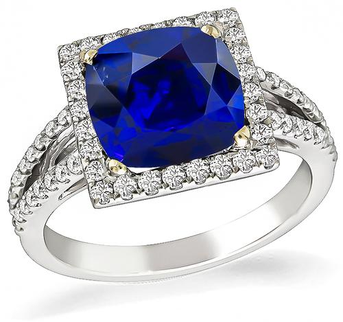 Cushion Cut Sapphire Round Cut Diamond 18k Gold Engagement Ring