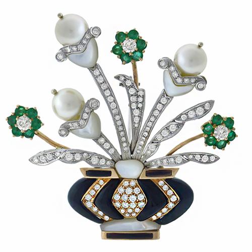3.50ct Round Cut Diamond 1.20ct Round Cut  Emerald,  10mm Pearls, Onyx & Mother  of Pearl 14k Yellow & White Gold Floral Vase Pin