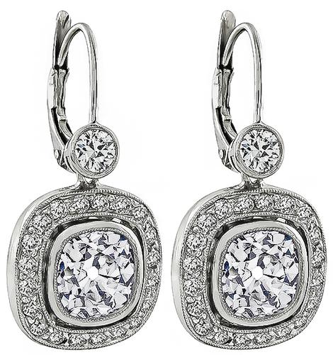 3.57ct Old Mine Cut Center Diamond 1.00ct Side Diamond Platinum Earrings