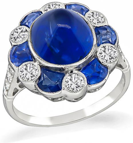 Sugarloft Cut Sapphire Round Cut Diamond 18k White Gold Ring