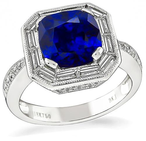 Cushion Cut Ceylon Sapphire Round Cut Diamond 18k White Gold Engagement Ring