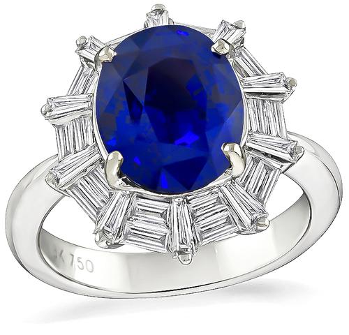 Oval Cut Sapphire Baguette Cut Diamond 18k White Gold Engagement Ring