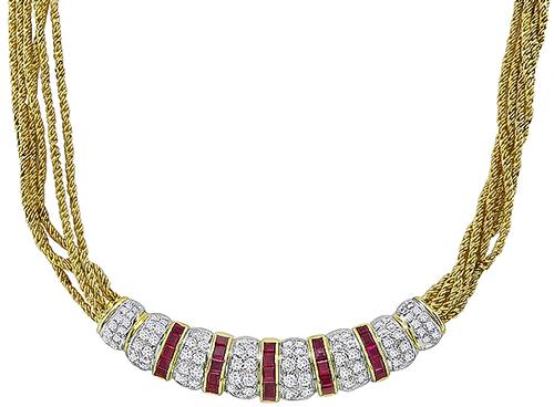 Round Cut Diamond Square Cut Ruby 18k Yellow and White Gold Necklace