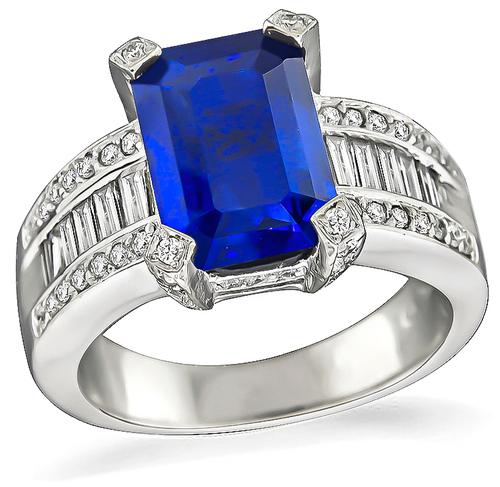 Emerald Cut Sapphire Baguette and Round Cut Diamond 14k Gold Ring