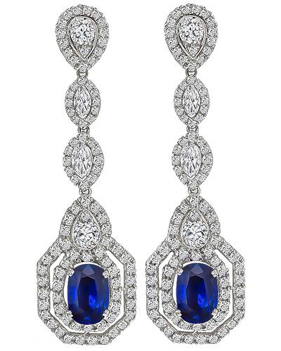 Cushion Cut Sapphire Old Mine Marquise and Round Cut Diamond 18k Gold Drop Earrings