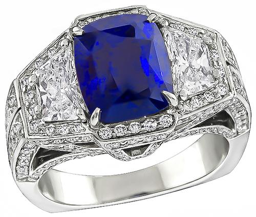 Cushion Cut Sapphire Trapezoid and Round Cut Diamond Platinum Ring