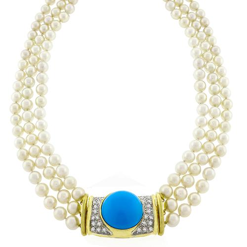 Turquoise Diamond Pearl Gold Necklace 