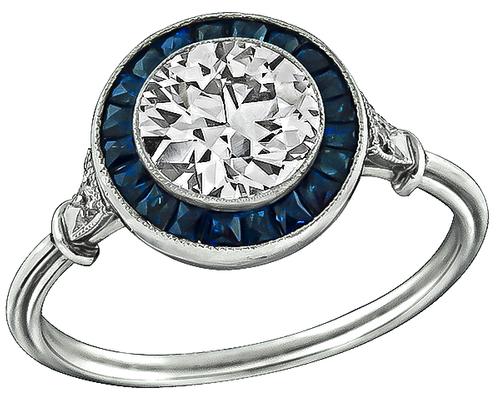 Round Brilliant Cut Diamond Sapphire Platinum Engagement Ring