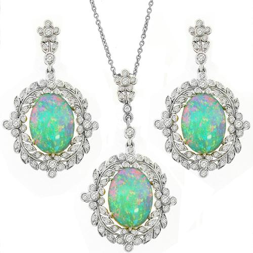 Opal Diamond Gold Earrings & Pendant Set